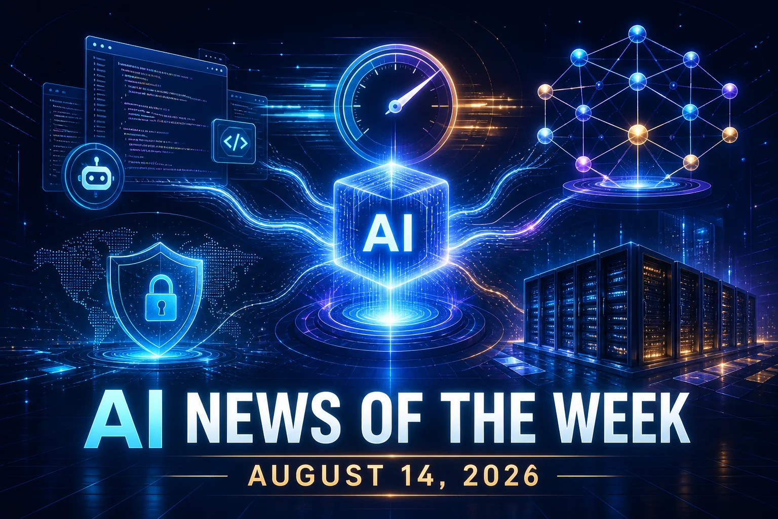 AI News Of The Week for August 14, 2026, featuring coding, speed, cybersecurity, model networks, and AI infrastructure