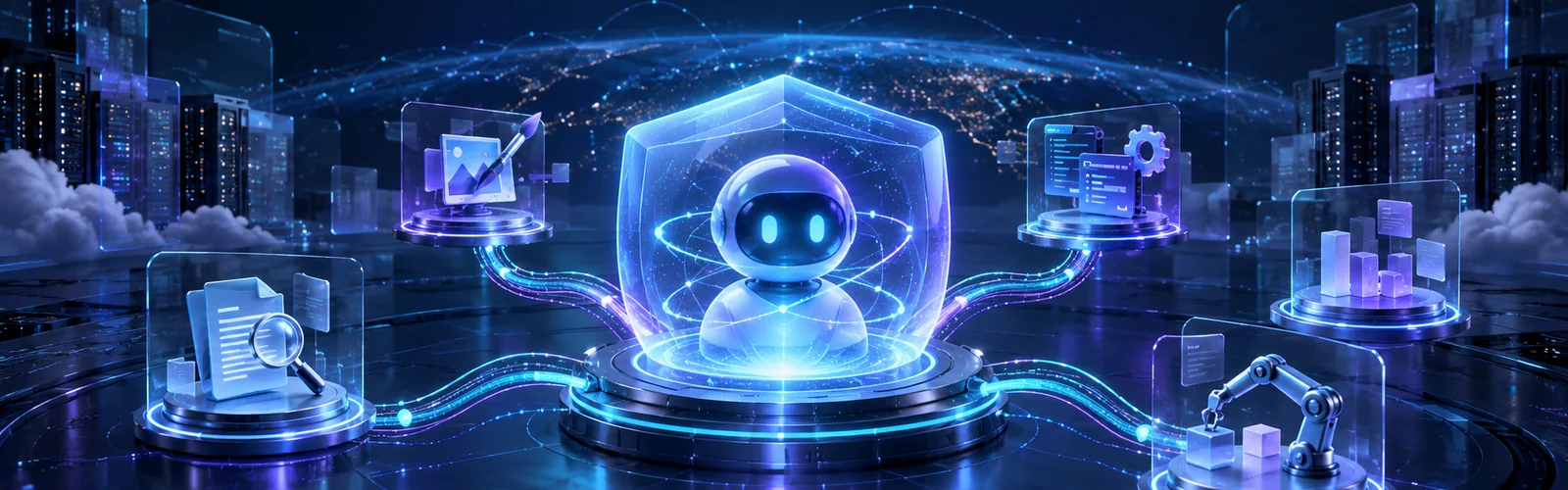 Illustration of a protected AI agent coordinating work across connected tools