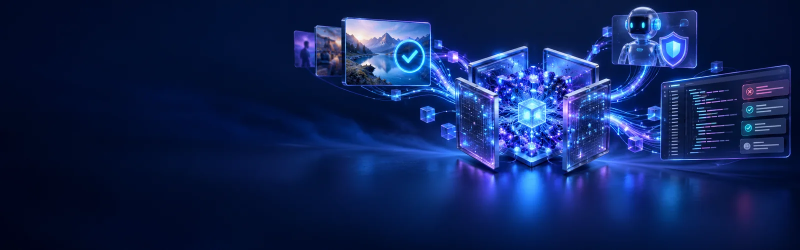 Glowing modular AI core connected to media verification, an agent safety shield, and code review