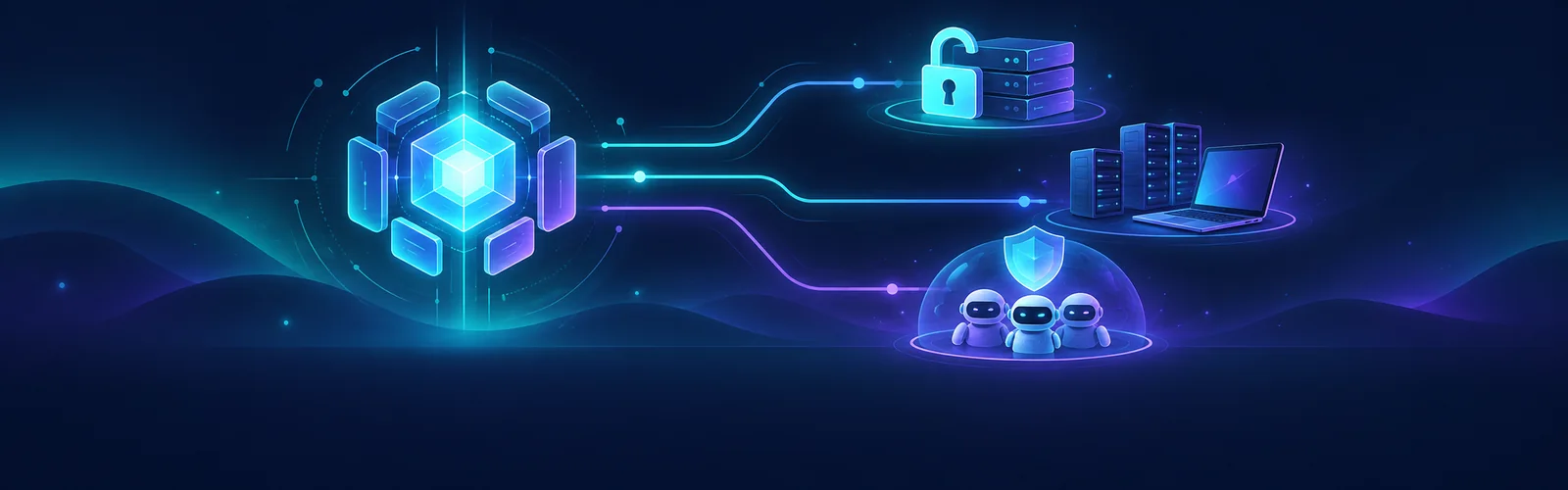 Glowing frontier AI hub branching into an open-weights repository, local server racks, and a safety shield over autonomous agents