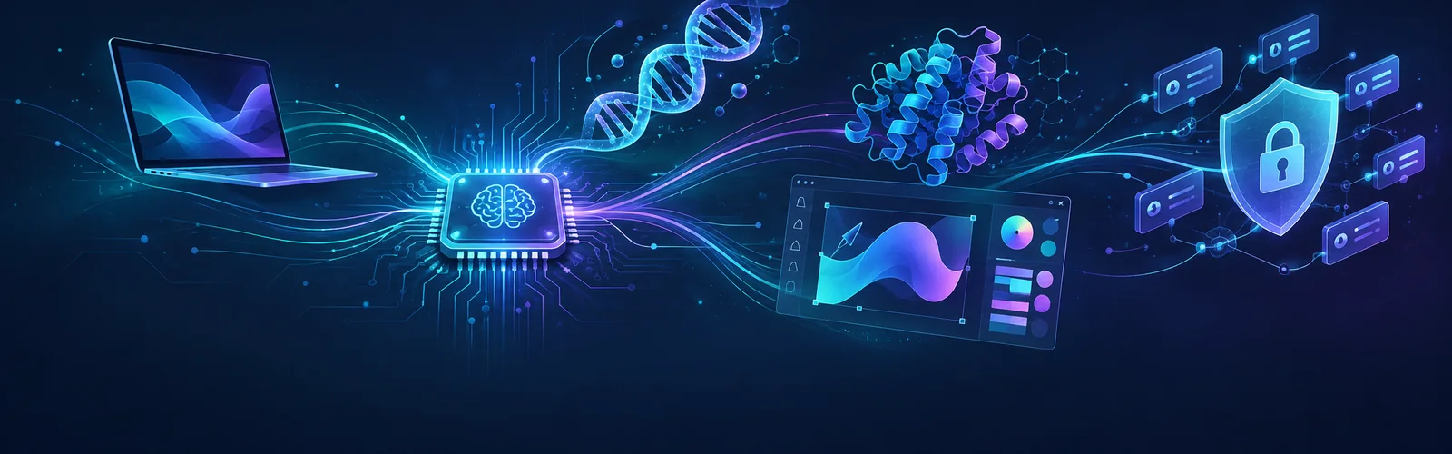 Glowing AI chip branching into a laptop, DNA helix and protein ribbon, a design canvas, and a security shield over exposed API endpoints