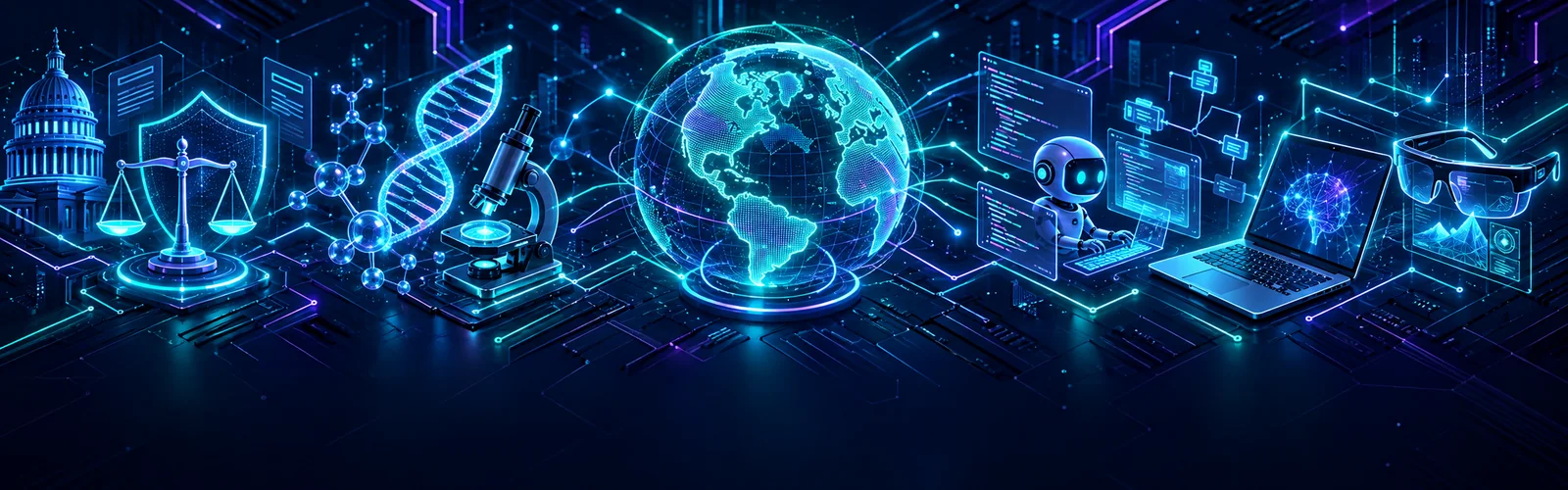Digital globe connecting AI safety, biology, coding agents, laptops, and smart glasses