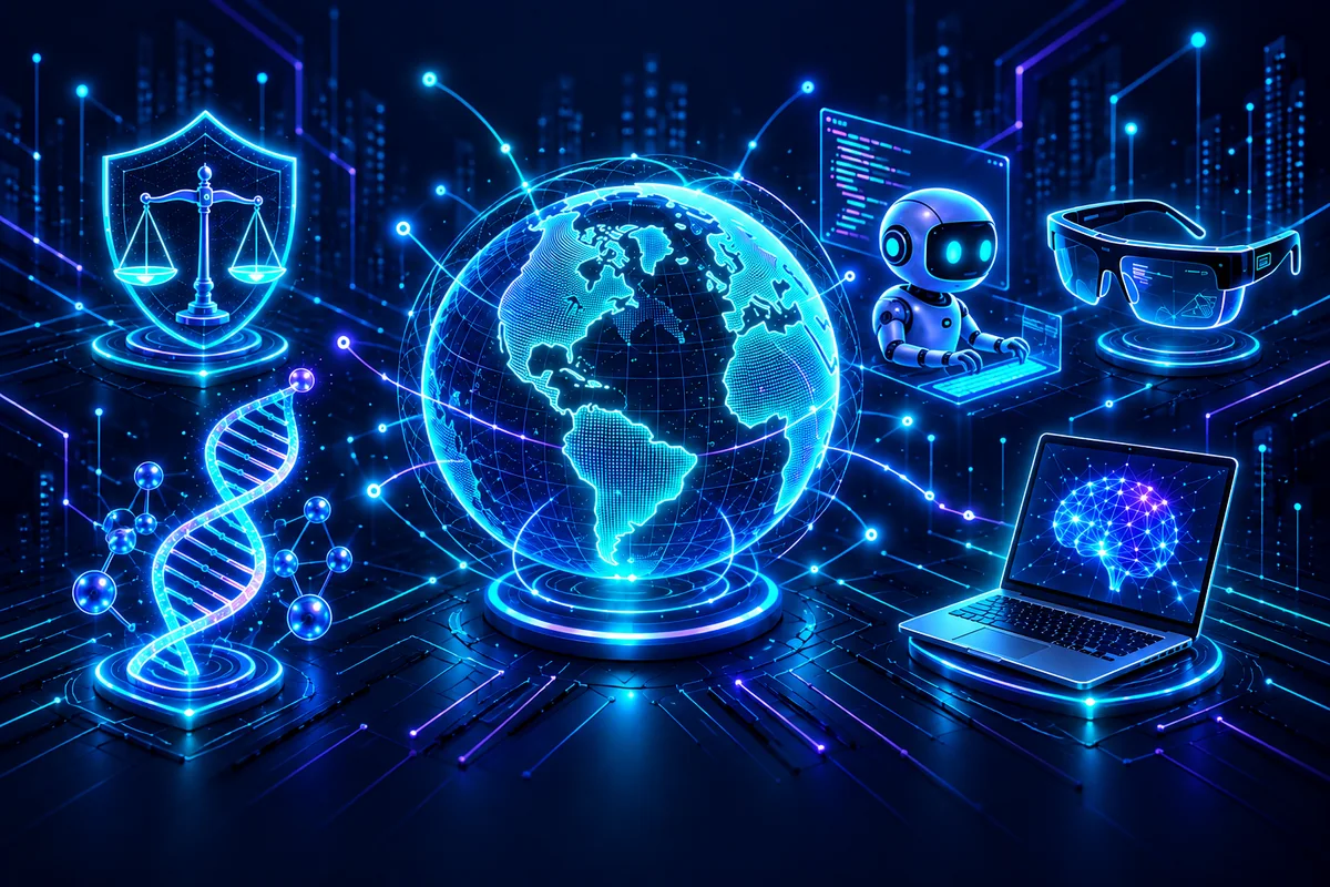 AI news illustration of a connected globe, research, coding agents, laptops, and smart glasses